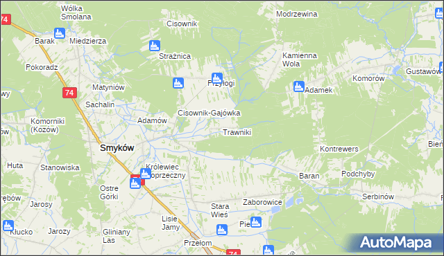 mapa Trawniki gmina Smyków, Trawniki gmina Smyków na mapie Targeo