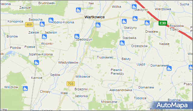 mapa Truskawiec gmina Wartkowice, Truskawiec gmina Wartkowice na mapie Targeo