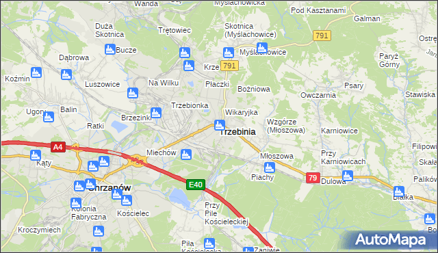 mapa Trzebinia powiat chrzanowski, Trzebinia powiat chrzanowski na mapie Targeo