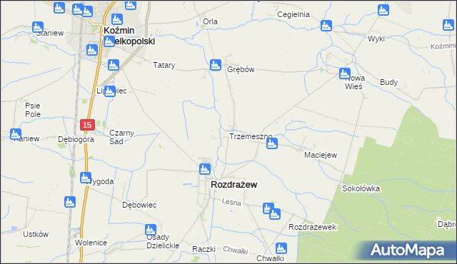 mapa Trzemeszno gmina Rozdrażew, Trzemeszno gmina Rozdrażew na mapie Targeo