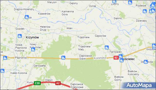 mapa Trzęśniew Mały, Trzęśniew Mały na mapie Targeo