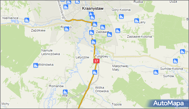 mapa Tuligłowy gmina Krasnystaw, Tuligłowy gmina Krasnystaw na mapie Targeo