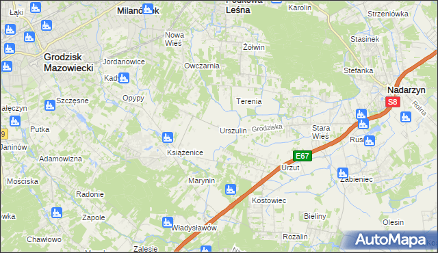mapa Urszulin gmina Grodzisk Mazowiecki, Urszulin gmina Grodzisk Mazowiecki na mapie Targeo