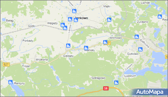 mapa Warkały gmina Jonkowo, Warkały gmina Jonkowo na mapie Targeo
