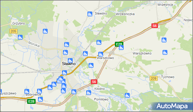 mapa Warszkowo gmina Sławno, Warszkowo gmina Sławno na mapie Targeo