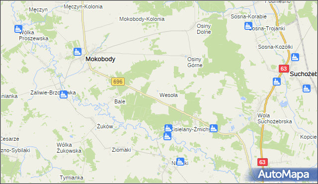 mapa Wesoła gmina Mokobody, Wesoła gmina Mokobody na mapie Targeo