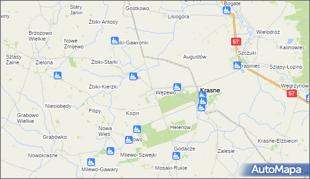 mapa Wężewo gmina Krasne, Wężewo gmina Krasne na mapie Targeo