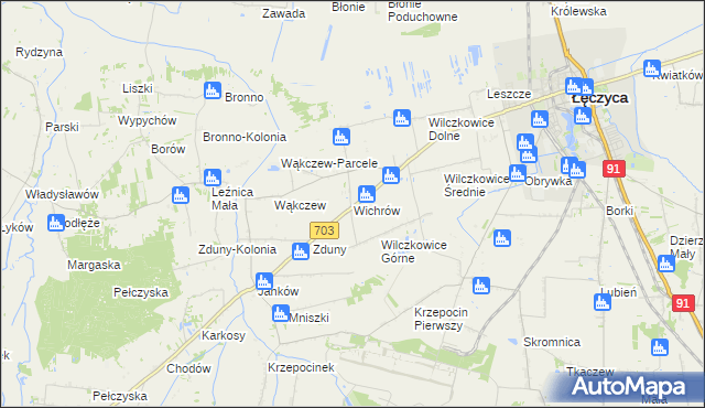 mapa Wichrów gmina Łęczyca, Wichrów gmina Łęczyca na mapie Targeo