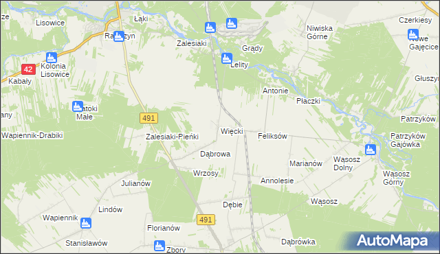 mapa Więcki gmina Popów, Więcki gmina Popów na mapie Targeo