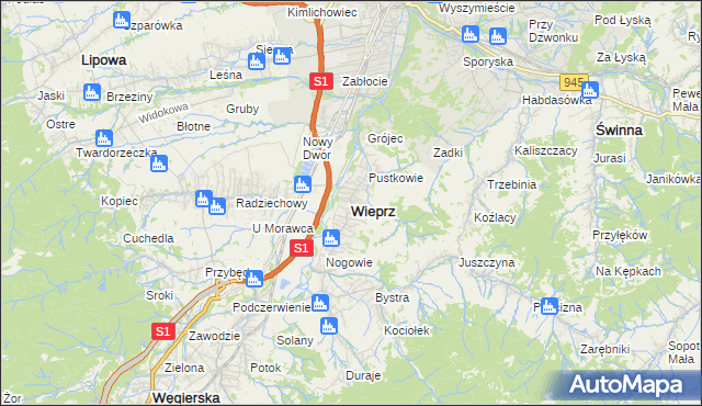 mapa Wieprz gmina Radziechowy-Wieprz, Wieprz gmina Radziechowy-Wieprz na mapie Targeo