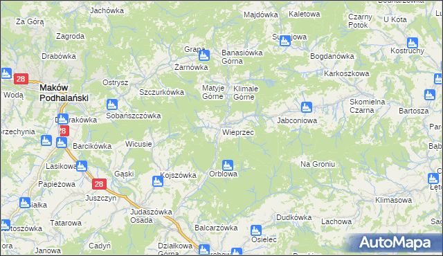 mapa Wieprzec gmina Maków Podhalański, Wieprzec gmina Maków Podhalański na mapie Targeo