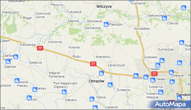 mapa Wierzbiny gmina Obrazów, Wierzbiny gmina Obrazów na mapie Targeo