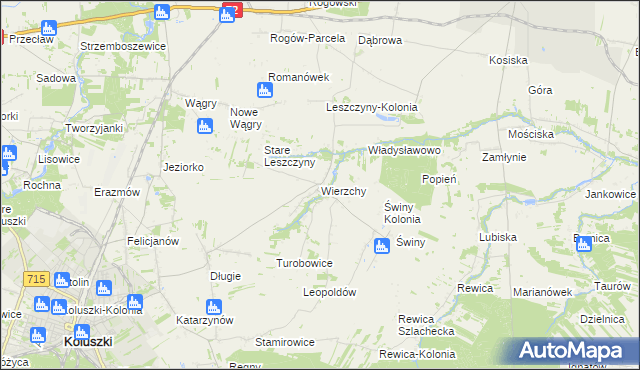 mapa Wierzchy gmina Koluszki, Wierzchy gmina Koluszki na mapie Targeo