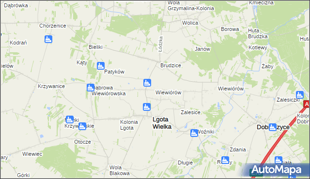 mapa Wiewiórów gmina Lgota Wielka, Wiewiórów gmina Lgota Wielka na mapie Targeo