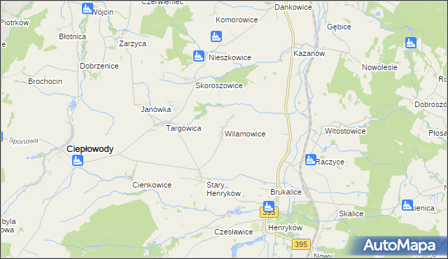 mapa Wilamowice gmina Ciepłowody, Wilamowice gmina Ciepłowody na mapie Targeo