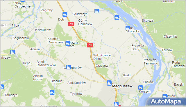 mapa Wilczkowice Dolne gmina Magnuszew, Wilczkowice Dolne gmina Magnuszew na mapie Targeo