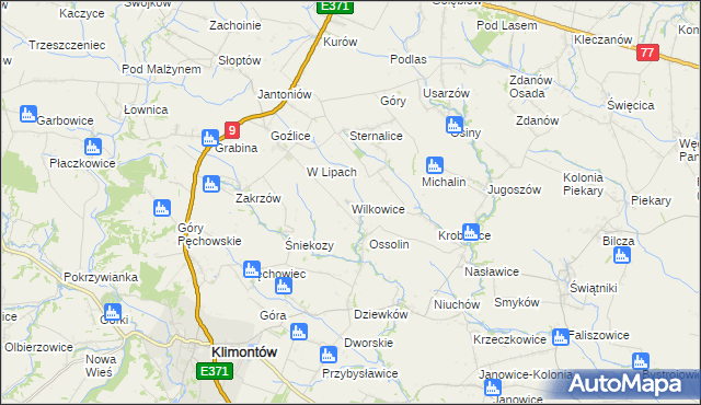 mapa Wilkowice gmina Klimontów, Wilkowice gmina Klimontów na mapie Targeo