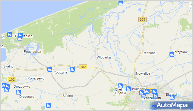 mapa Włodarka gmina Trzebiatów, Włodarka gmina Trzebiatów na mapie Targeo