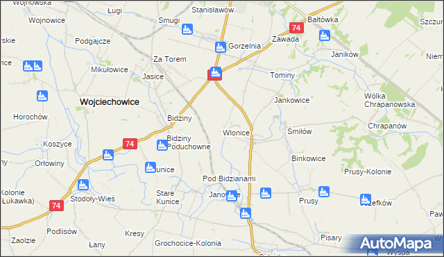 mapa Wlonice gmina Wojciechowice, Wlonice gmina Wojciechowice na mapie Targeo