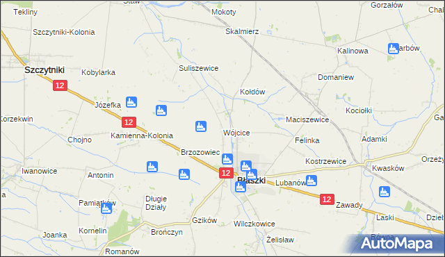 mapa Wójcice gmina Błaszki, Wójcice gmina Błaszki na mapie Targeo