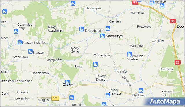 mapa Wojciechów gmina Kawęczyn, Wojciechów gmina Kawęczyn na mapie Targeo