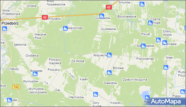 mapa Wojciechów gmina Przedbórz, Wojciechów gmina Przedbórz na mapie Targeo