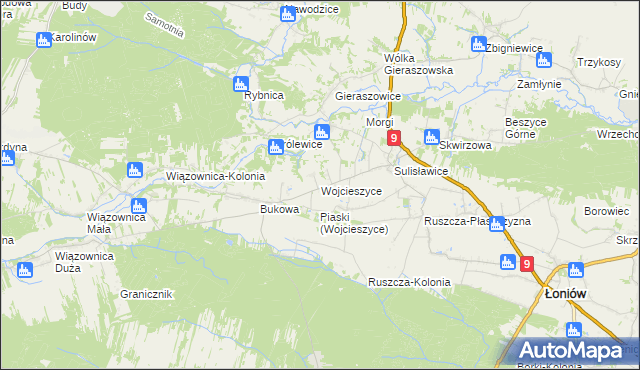 mapa Wojcieszyce gmina Łoniów, Wojcieszyce gmina Łoniów na mapie Targeo