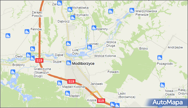 mapa Wolica-Kolonia gmina Modliborzyce, Wolica-Kolonia gmina Modliborzyce na mapie Targeo