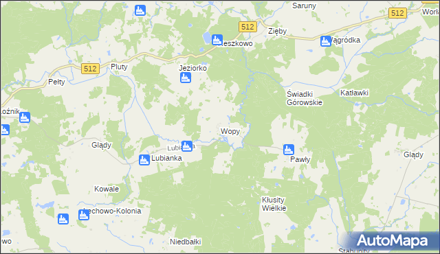 mapa Wopy gmina Pieniężno, Wopy gmina Pieniężno na mapie Targeo