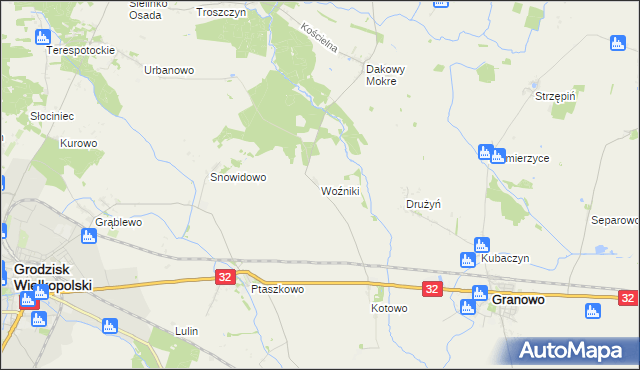 mapa Woźniki gmina Grodzisk Wielkopolski, Woźniki gmina Grodzisk Wielkopolski na mapie Targeo