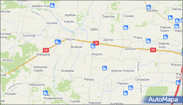 mapa Woźniki gmina Wola Krzysztoporska, Woźniki gmina Wola Krzysztoporska na mapie Targeo