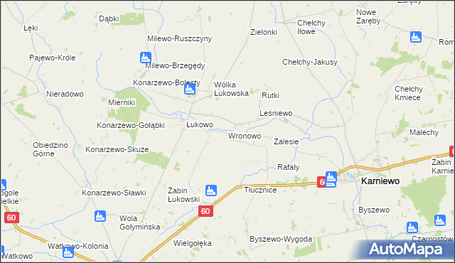 mapa Wronowo gmina Karniewo, Wronowo gmina Karniewo na mapie Targeo