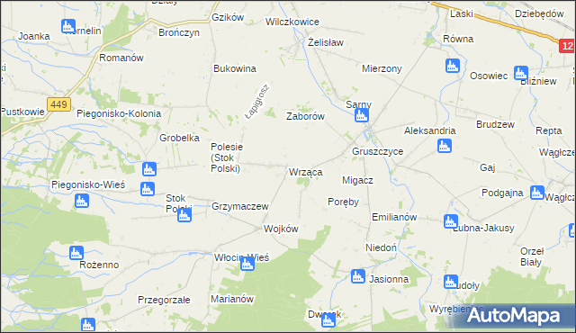 mapa Wrząca gmina Błaszki, Wrząca gmina Błaszki na mapie Targeo