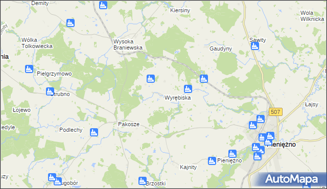 mapa Wyrębiska gmina Pieniężno, Wyrębiska gmina Pieniężno na mapie Targeo