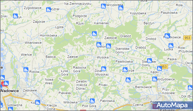 mapa Wysoka gmina Wadowice, Wysoka gmina Wadowice na mapie Targeo