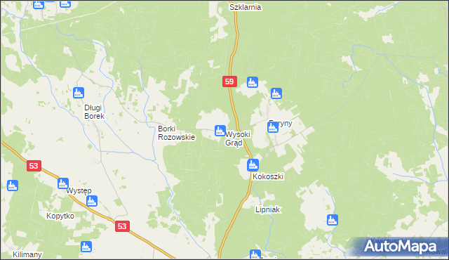mapa Wysoki Grąd gmina Rozogi, Wysoki Grąd gmina Rozogi na mapie Targeo