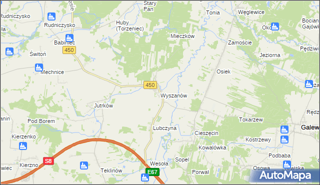 mapa Wyszanów gmina Wieruszów, Wyszanów gmina Wieruszów na mapie Targeo