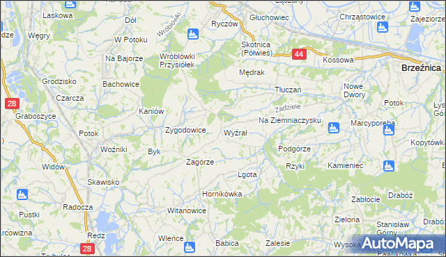 mapa Wyźrał gmina Brzeźnica, Wyźrał gmina Brzeźnica na mapie Targeo