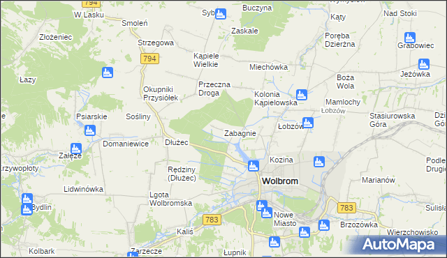 mapa Zabagnie gmina Wolbrom, Zabagnie gmina Wolbrom na mapie Targeo