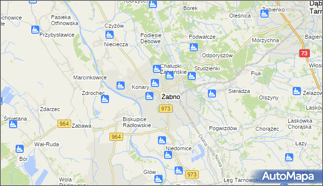 mapa Żabno powiat tarnowski, Żabno powiat tarnowski na mapie Targeo