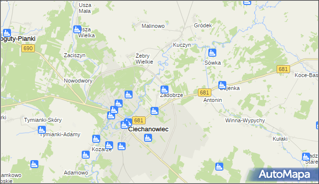 mapa Zadobrze gmina Ciechanowiec, Zadobrze gmina Ciechanowiec na mapie Targeo