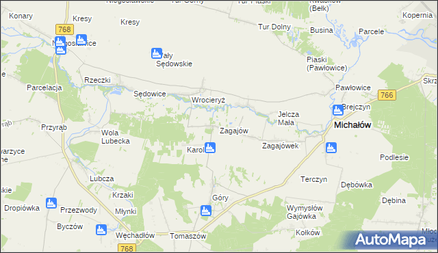 mapa Zagajów gmina Michałów, Zagajów gmina Michałów na mapie Targeo