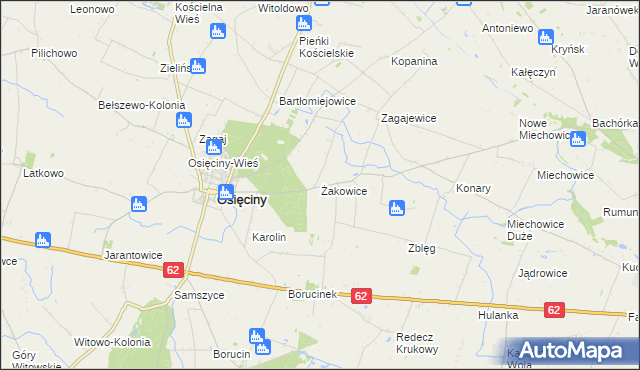 mapa Żakowice gmina Osięciny, Żakowice gmina Osięciny na mapie Targeo