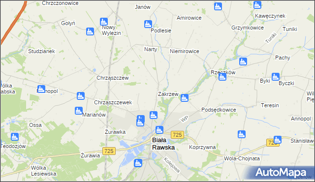 mapa Zakrzew gmina Biała Rawska, Zakrzew gmina Biała Rawska na mapie Targeo