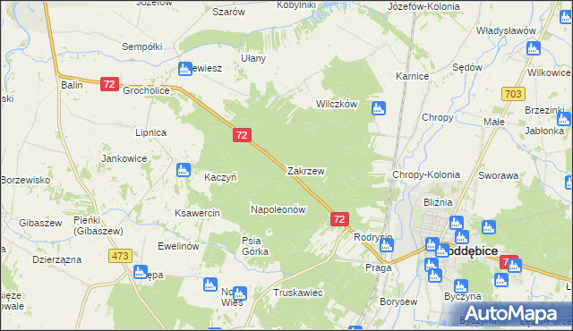 mapa Zakrzew gmina Poddębice, Zakrzew gmina Poddębice na mapie Targeo