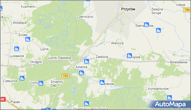 mapa Zalesice gmina Przyrów, Zalesice gmina Przyrów na mapie Targeo