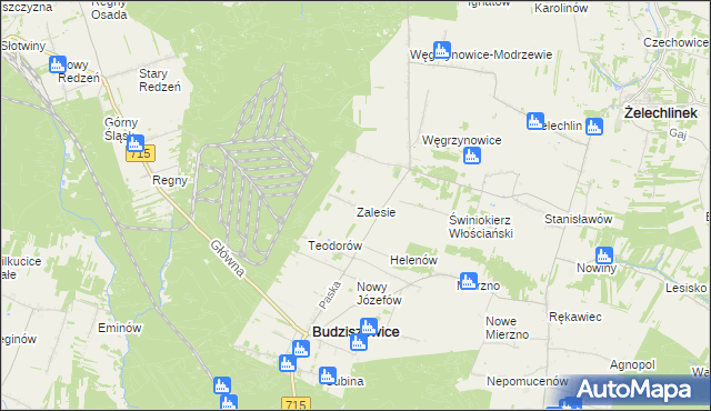 mapa Zalesie gmina Budziszewice, Zalesie gmina Budziszewice na mapie Targeo