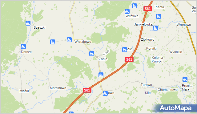 mapa Zanie gmina Kalinowo, Zanie gmina Kalinowo na mapie Targeo