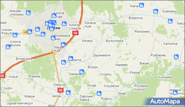 mapa Zapowiednik gmina Złoczew, Zapowiednik gmina Złoczew na mapie Targeo