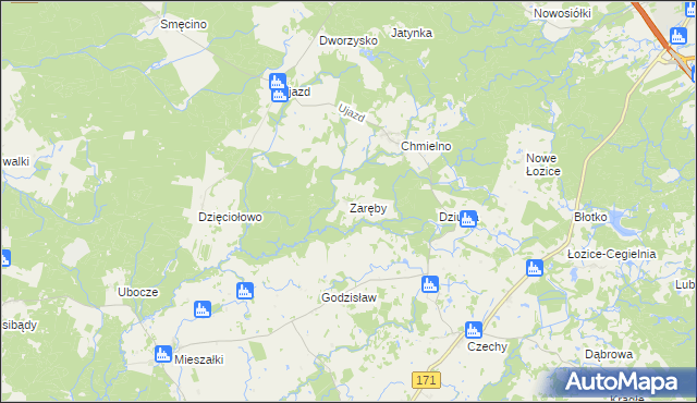 mapa Zaręby gmina Bobolice, Zaręby gmina Bobolice na mapie Targeo
